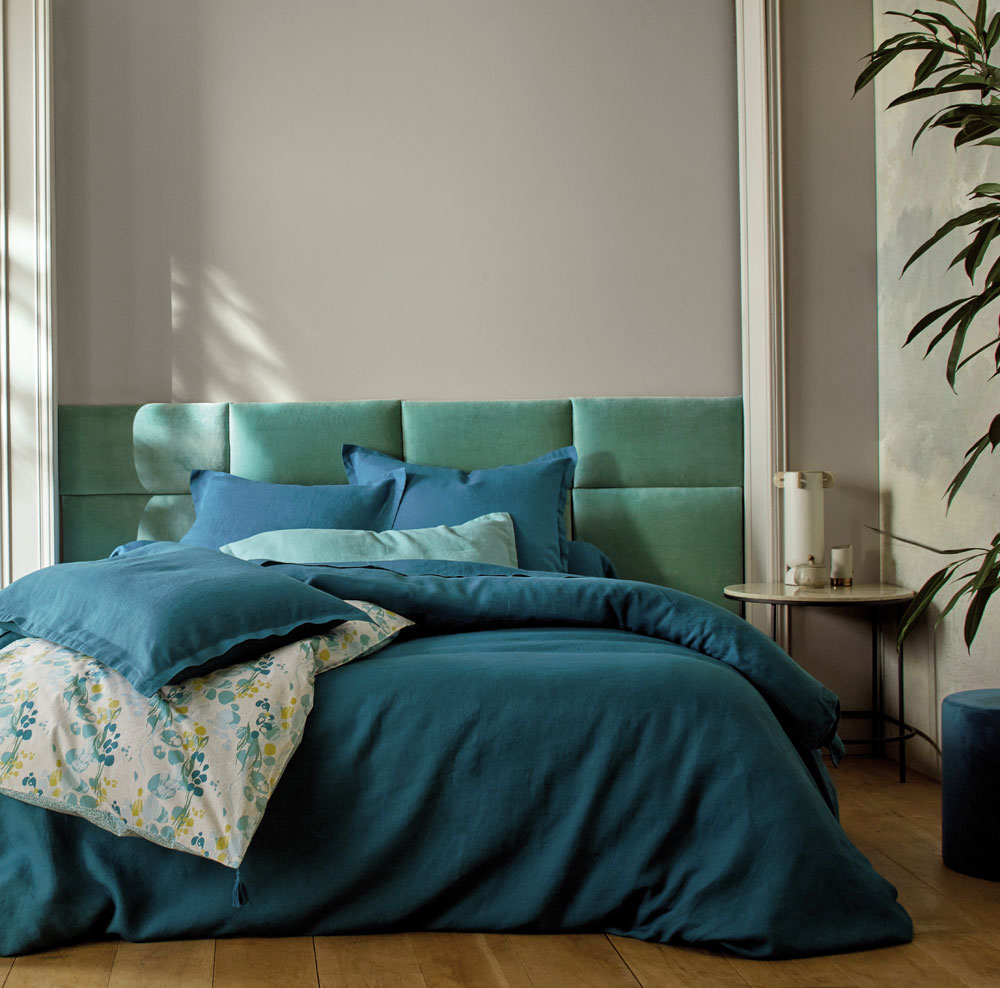 Drap housse Louxor Bleu paon Blanc des Vosges