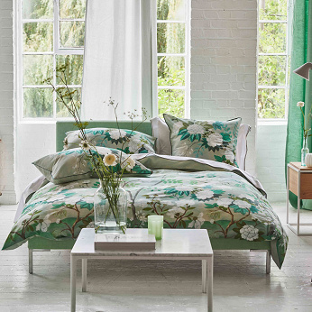 Housse De Couette Percale Coton Designers Guild - Motif Ikebana Damask Vert Clair 200x200 Cm - OEKO-TEX