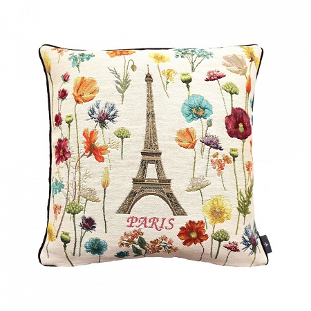Cous­sin Tour Eiffel et fleurs vives Blanc 50×50 cm Art de Lys
