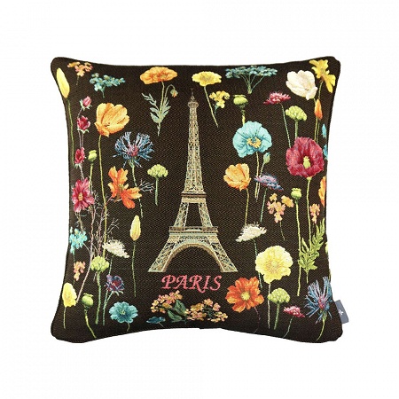 Cous­sin Tour Eiffel et fleurs vives Noir 50×50 cm Art de Lys